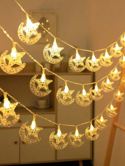 1pc 10/20/30 Lights 2/3/4.5m Big Moon Hugging Star String Lights, Suitable For Indoor Room Decor, Birthday Party, Holiday Decoration, All Season