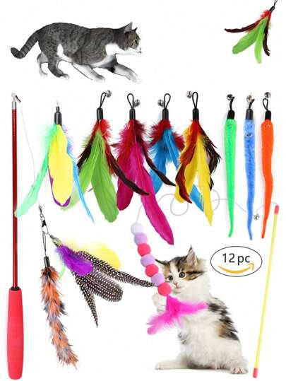 12pcs Cat Toys Variety Pack - Retractable Wand With Feather, Bell And Fish Attachments, Assorted Colors, Suitable For All Cats