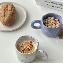 韓國小眾手捏加厚潑墨二色牛奶咖啡杯甜點杯家用早餐杯280ml情侶陶瓷杯 - 藍色 - 查看 7