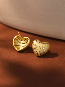 1對優雅精緻的復古風格925純銀霧面造型心形耳環,鑽石鋯點綴,適合女士生日、情人節和日常佩戴 - 金黃色 - 查看 4