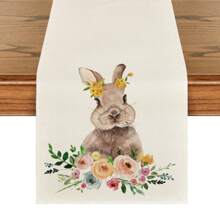 1入組白色兔子和花卉圖案桌布，復活節節日餐桌布，季節性假日廚房餐桌派對裝飾 - 白色 - 查看 5