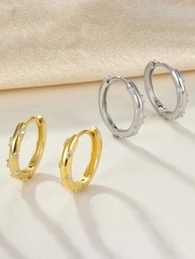 Newsoul Cubic Zirconia Detail Silver Hoop Earrings - Yellow Gold - View 2