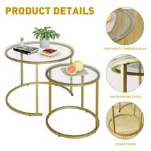Gold Nesting Coffee Table Set Of 2, Small Glass Nesting Tables For Living Room Bedroom, Accent Tea Table With Metal Frame Modern Industrial Simple - 金色 - 查看 5