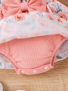 2pcs Baby Girl Floral Print Ruffled Bodysuit With Headband Set, Sweet & - Dusty Pink - View 2