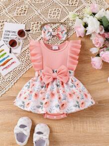 2pcs Baby Girl Floral Print Ruffled Bodysuit With Headband Set, Sweet & - Dusty Pink - View 1