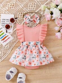 2pcs Baby Girl Floral Print Ruffled Bodysuit With Headband Set, Sweet & - Dusty Pink - View 7