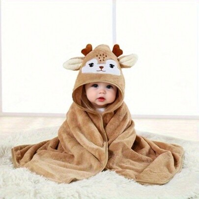 1pc Baby Swaddle Blanket Deer Cartoon Pattern Coral Fleece Bath Towel Soft Absorbent Skin-Friendly For Newborn Bathing, For Love Valentine