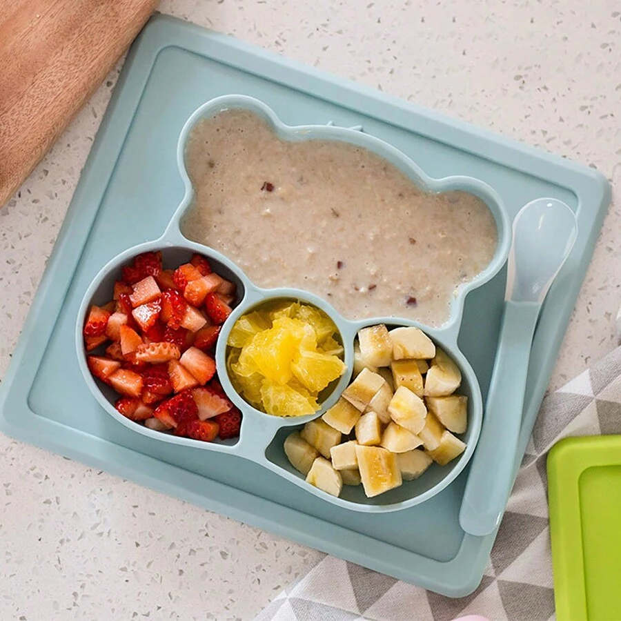 Baby Silicone Divided Plate, Suction Base Feeding Bowl With Cartoon Bear Face Tableware Plate - Blue - View 1