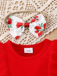 Set da 2 pezzi Pagliaccetto neonata con motivo a rose, arricciature, contrasto di colore e cappuccio, con fascia per capelli, stile casual da vacanza