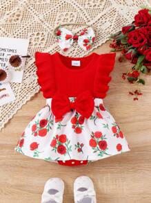 Set da 2 pezzi Pagliaccetto neonata con motivo a rose, arricciature, contrasto di colore e cappuccio, con fascia per capelli, stile casual da vacanza