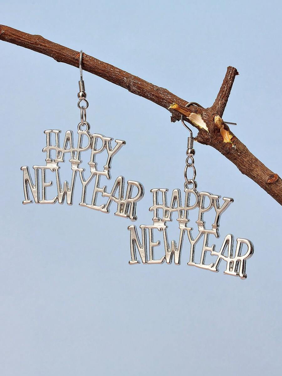歐美節日快樂新年1對英文字母形狀的合金耳環,適合女性日常穿戴 - 白色 - 查看 1