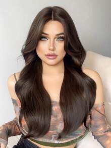 1入組灰棕色手編合成蕾絲t型假髮,26英寸,中分自然逼真的長捲髮。 - 黑色 - 查看 4