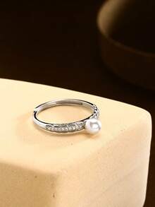 1pc S925 Sterling Silver Ring With Faux Pearl & Wheat Straw Design Open Ring, Simple Fashionable Unique Personalized Gift For Women, Suitable For Daily Wear And Holiday Gifts - Silver - View 3