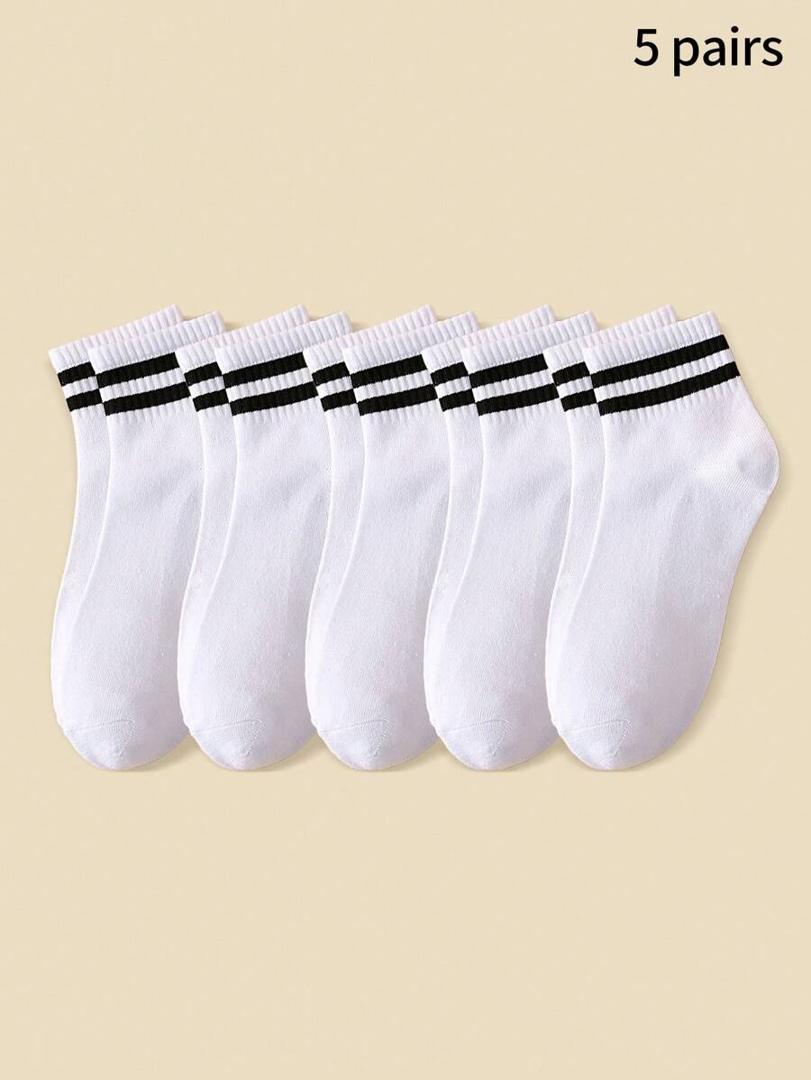5雙女士簡約白色和黑色雙線條學院風運動襪 - 白色 - 查看 1