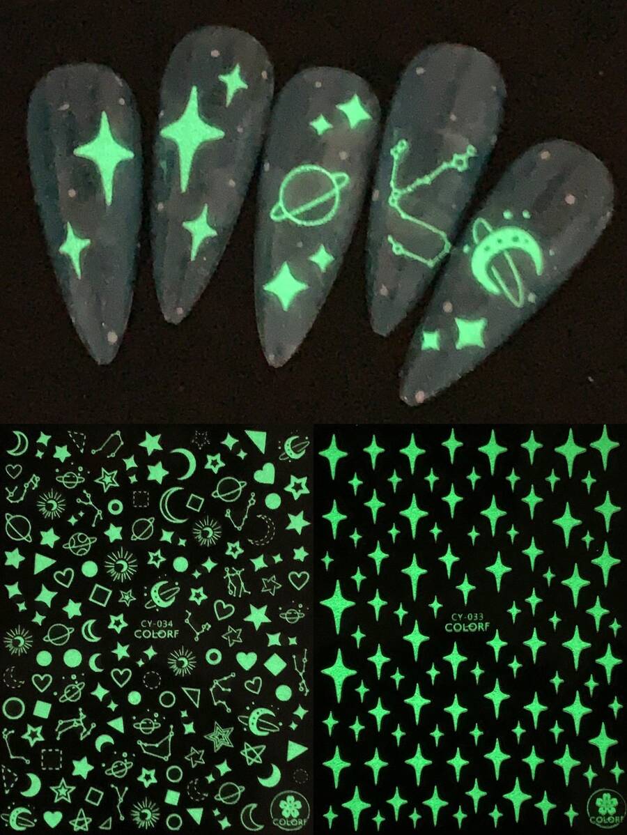2 chiếc 3D Glow In Dark Planet Hình học Đường dây hình học Mặt Trăng Đề can móng tay Chuyển Thiết kế làm móng tay Đèn ngủ Trang trí làm móng ba chiều DIY - trắng - Xem 1