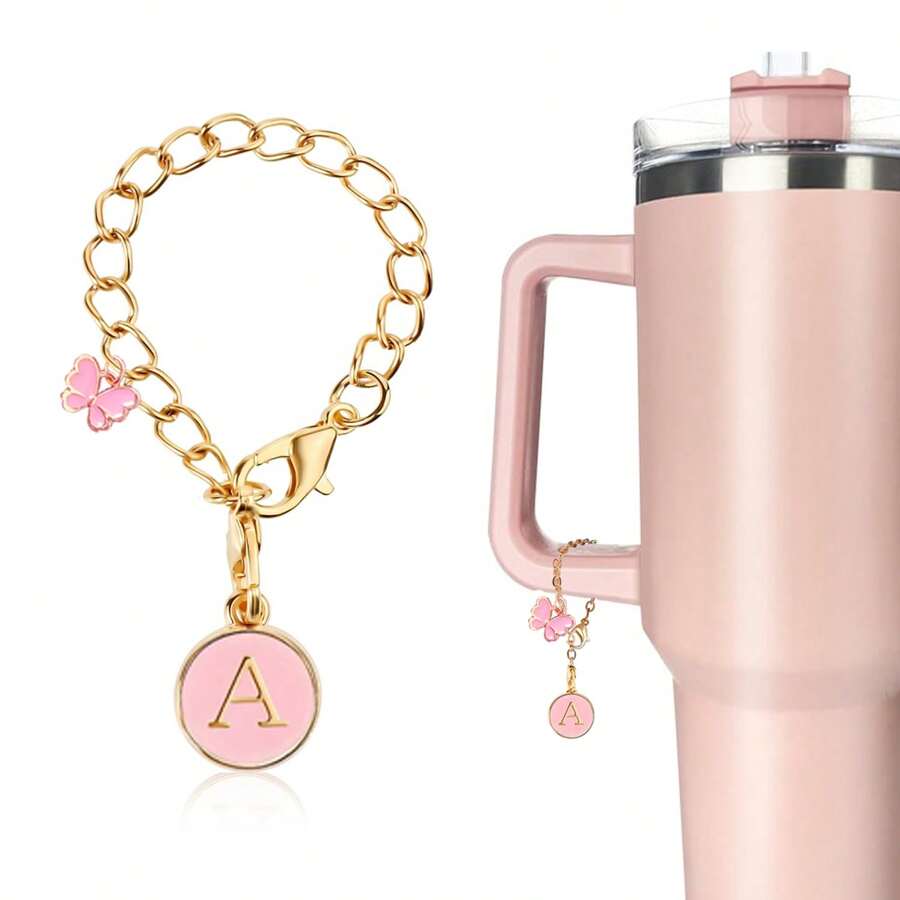 Accesorios De S De Letras Para La Placa De Identificación De Nombres En La Taza, Mango Inicial Personalizado Con Para Tumbler, Cadena De De Letras De Identificación Para El Mango De La Taza De Agua - rosa mariposa - Ver 1
