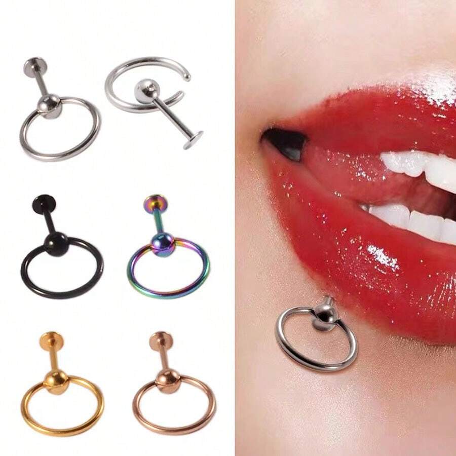 1個帶簡單球和c形線的扁圓形唇環,用於軟骨,不銹鋼螺紋插針對耳緣