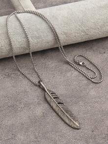 1pc Stainless Steel Box Chain Pendant Necklace, Silver Color Long Feather Inlaid Turquoise With Golden Edge Antique Metal Alloy Necklace For Men's Hip-Hop Style, Gift For Brother - Chain Clauses - View 1