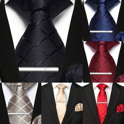 3入組時尚經典男士3.15英寸（8厘米）格紋絲質領帶,手帕和領帶夾套裝,適用於商務正式、約會派對、婚禮和其他場合
