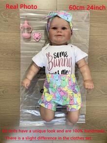 GUESSBELLY 24 英寸逼真柔软硅胶重生女孩 Maddie 婴儿微笑娃娃玩具，带 3D 彩绘皮肤和血管，60 厘米手工制作新生幼儿婴儿可爱生日礼物 - 白色 - 查看 2