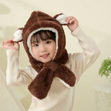 Kids' Winter Hat Scarf Set, Unisex Plush Hat With Ears And Scarf, Thick Warm Windproof Cap - Coffee Brown - View 1