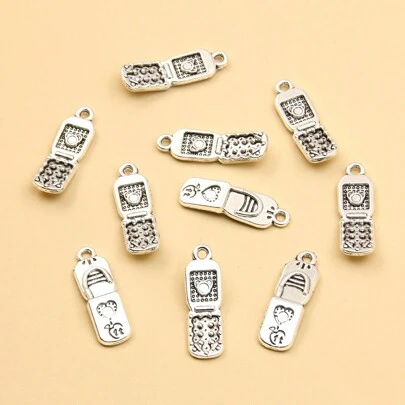 10pcs New Style Silver Alloy Heart Shaped Mobile Phone Pendant Charm, Suitable For Both Men And Women, As Diy Jewelry & Crafts Making Material For Keychain, Bracelet, Etc.