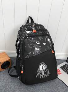 1 pieza Mochila unisex de nailon con estampado de niño espacial y estampado de letras, cierre con cremallera, bolsa de hombro casual y de moda para la escuela