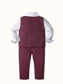 2024 年新款男童礼服套装，包括白衬衫、纯色背心、领结和裤子，非常适合学校表演、婚礼仪式和返校季 - 紅色 - 查看 3