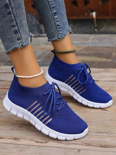 女士大码休闲低跟运动网球鞋，舒适轻便透气网眼运动鞋，平底系带跑步鞋