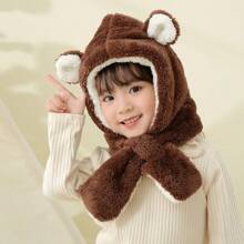 Kids' Winter Hat Scarf Set, Unisex Plush Hat With Ears And Scarf, Thick Warm Windproof Cap - Coffee Brown - View 8