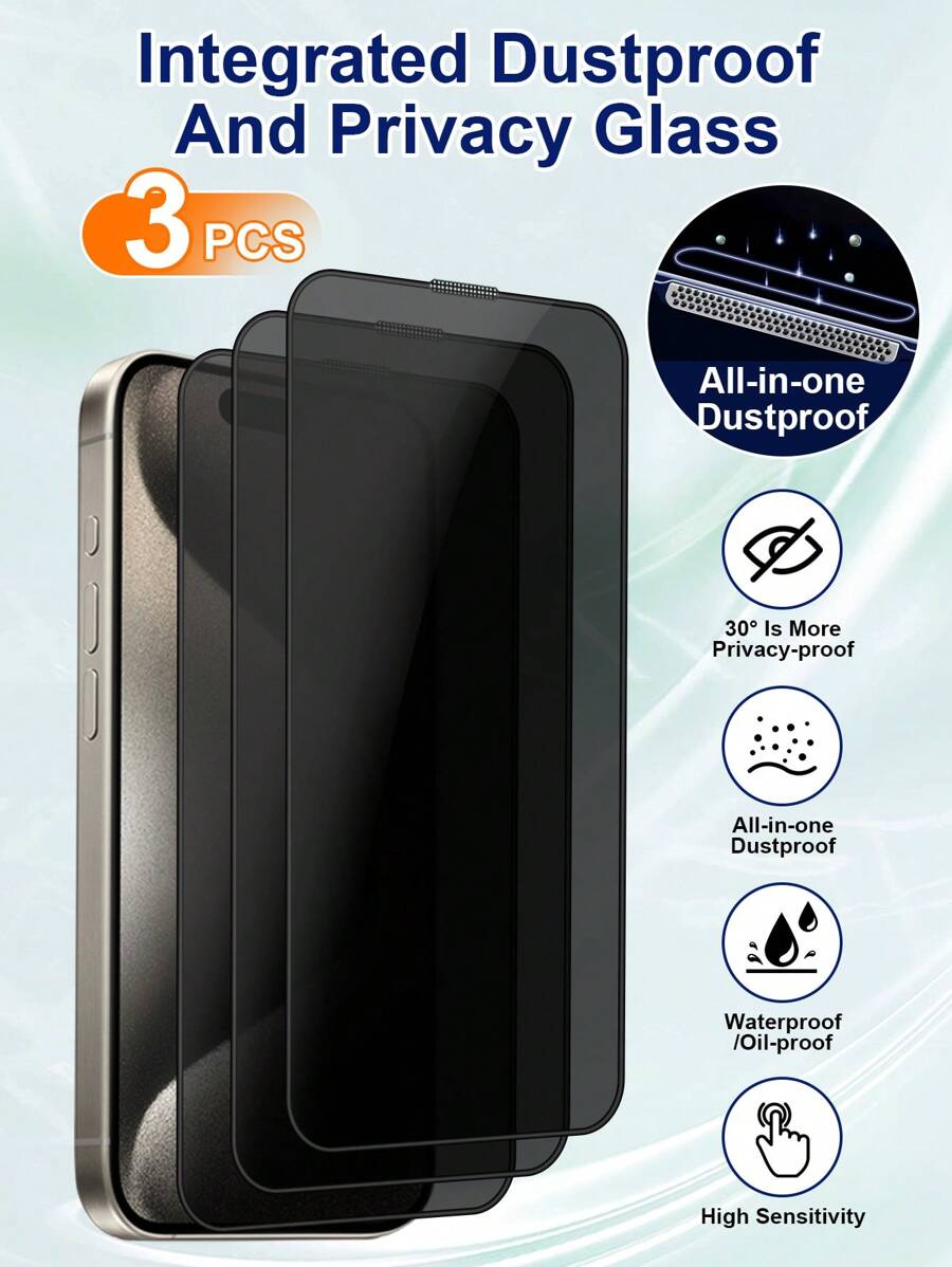 3入組iphone 15/15 Pro Max/13pro/14 Pro Max升級版的新款蘋果手機防塵網反窺屏鋼化玻璃隱私膜,360°全景防窺防社交距離保護隱私,全屏一體化超清防窺,集成防塵網防水防塵保護接收器,頂級指紋油脂擦拭,即時清潔,強化鋼化玻璃耐磨擦不留痕跡,適用於所有iphone X-15款型 - 彩色 - 查看 1