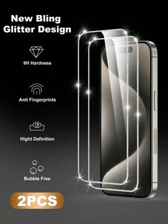 2 件 Apple 全覆盖高清银色闪光边缘屏幕保护膜，适用于 6S 至 16 系列、 14 6.1 英寸/ 13/ 13 Pro 6.1 英寸/15/15 Pro Max/ 16/ 16 Pro/ 16 Pro Max 生日、家人、朋友的礼物钢化玻璃、手机屏幕保护膜、手机配件