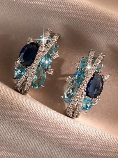 1pair Luxury Blue White Cubic Zirconia Paved Elegant Round Decor Wedding Earrings For Girl Party Jewelry Gift Royal. Valentine's Day Accessories