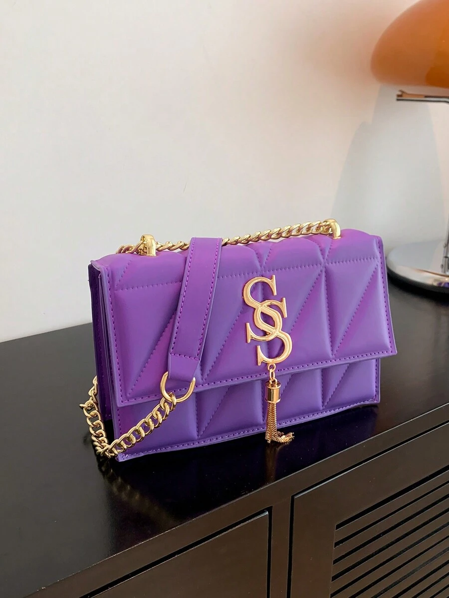 Fashionable Plaid Patterned Clamshell Top Metal Connected Shoulder Crossbody Bag With Tassel & Letter S Decor, Suitable For Various Occasions - Purple - View 1