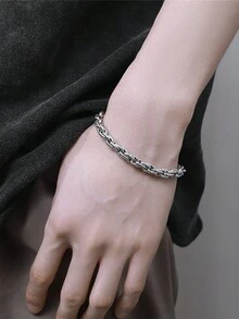 1 件时尚简约钛钢几何龙骨情侣个性化多功能不锈钢手链，适合日常佩戴和通勤，是送给男朋友、女朋友、情人节、周年纪念日、生日的理想礼物 - 銀色 - 查看 2