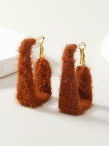 1 Par De Pendientes Rectangulares De Felpa De Invierno Hechos A Mano Con Lazo En C De Punto Negro Y Café, Estilo Simple Para Uso Diario - Café - Ver 1