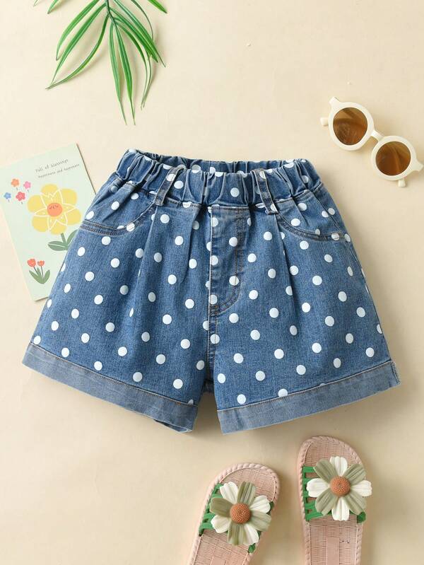 Young Girls' Summer Polka Dot Denim Shorts, Loose Casual Straight Shorts, Beach Shorts, Athletic Shorts