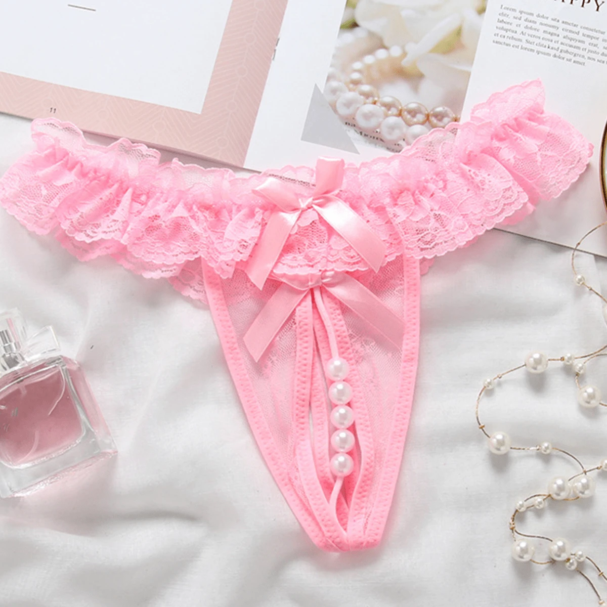 1 pieza de linda tanga de encaje con entrepierna abierta y perlas de masaje, lencería para adultos