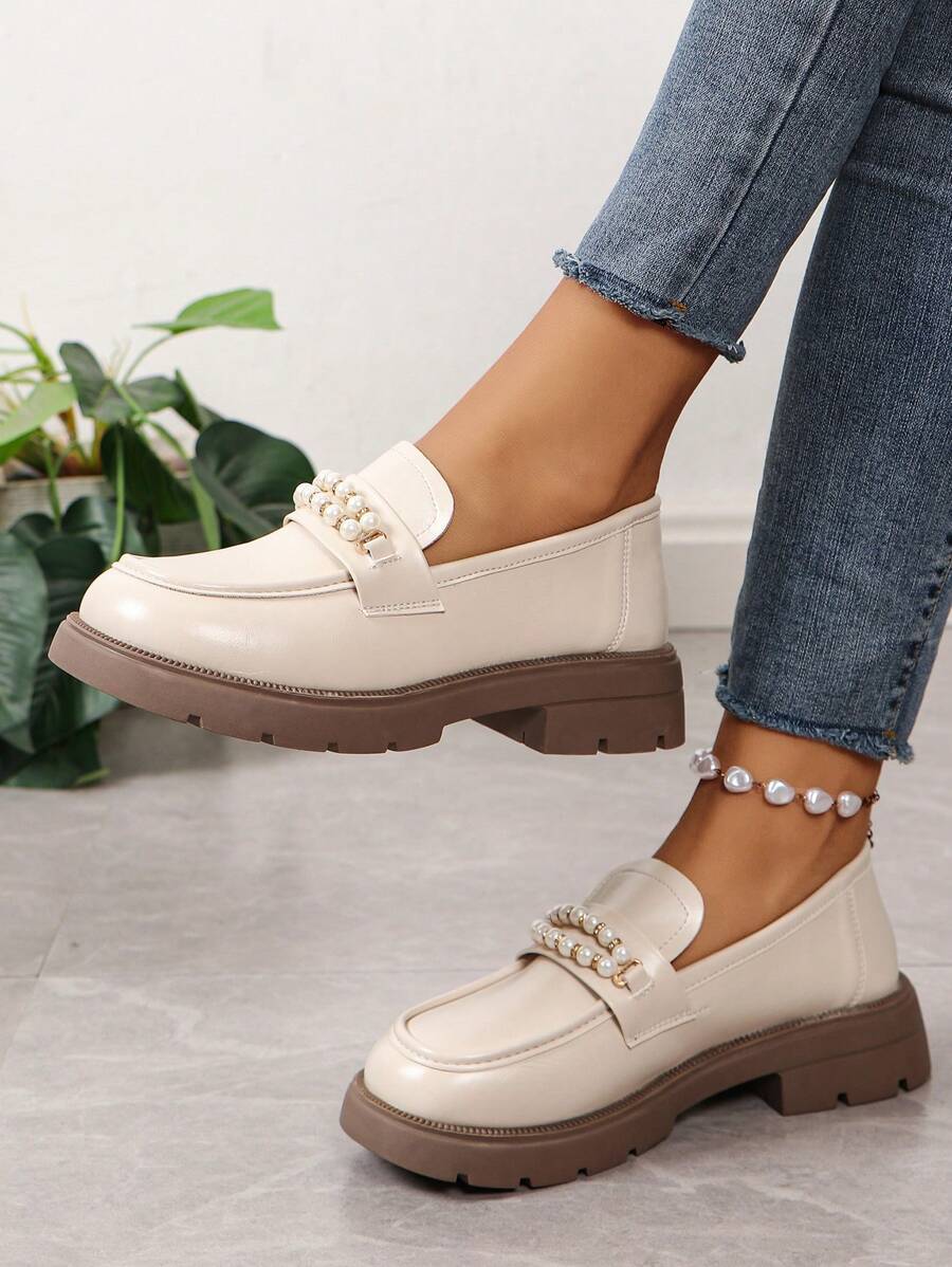 Women's Fashionable Beige Loafers - Beige - View 1