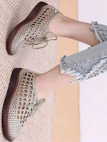 2024新款女士镂空休闲凉鞋，大码，粗跟，软底，编织系带 - 金色 - 查看 3