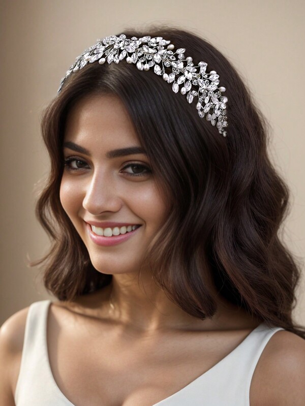 1pc Bridal Hairband With Rhinestone Horse Chain, Leaf & Crystal Design Bridesmaid Hair Accessory, Wedding Dress Jewelry, Hair Comb For Women Elegant Boho Tiaras