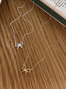 1個s925純銀復古簡約可愛優雅雙層空心蝴蝶結鍍14k金吊墜項鏈,女性時尚潮流領圈鏈,女朋友生日情人節珠寶禮物 - 金色 - 查看 4