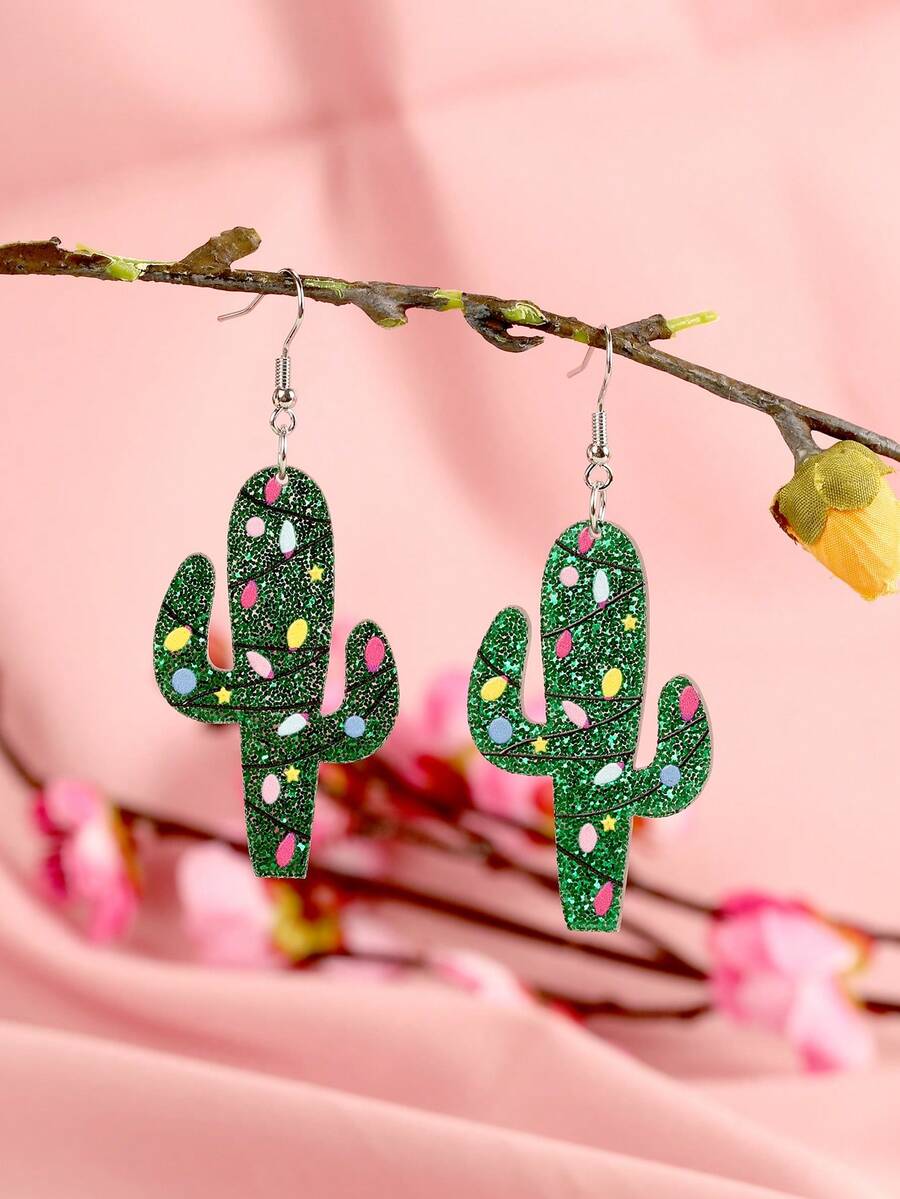 1對女性時尚沙漠仙人掌綠耳環,狂歡節、情人節、友人禮物、女性禮物、最佳友禮物 - 仙人掌 - 查看 1
