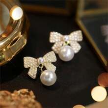 Faux Pearl - Elegant And Stylish Bow Dangle Earrings - Suitable For Girls, Suitable For Any Occasion - White - View 1