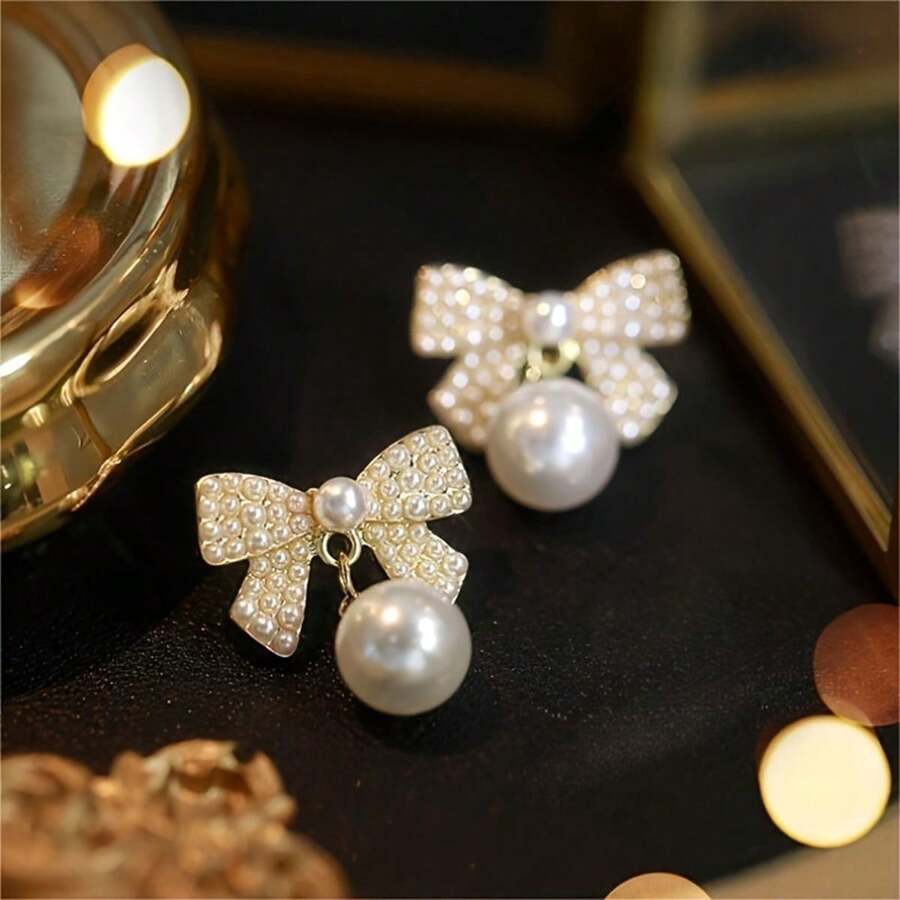 Faux Pearl - Elegant And Stylish Bow Dangle Earrings - Suitable For Girls, Suitable For Any Occasion - White - View 1