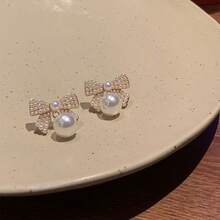 Faux Pearl - Elegant And Stylish Bow Dangle Earrings - Suitable For Girls, Suitable For Any Occasion - White - View 4