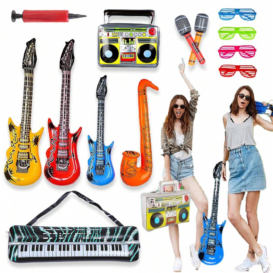 13 Piezas/set Instrumentos Musicales Inflables Accesorios Del Disfraz De Rockero Para Estrella De Rock, Accesorios De Rock And Roll De Los Años 80 Y 90 Para Fotos Y Decoración De Fiesta De Cumpleaños Con Globos - Multicolor - Ver 1