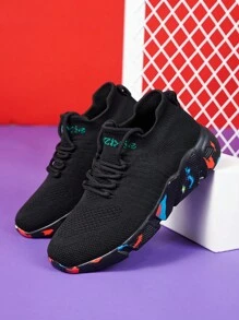 青少年男孩迷彩印花黑色跑鞋,柔軟透氣襪子鞋,底部印花隨機 - 黑色 - 查看 3