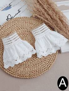 1pc Mesh Lace Decoration, 3d Flower Double Layer Pleated Cuff With Button For Sleeves - White - View 2