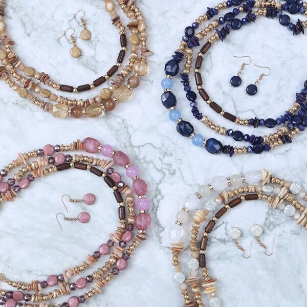 3 Line Layered Natural Stone, Mix Beads Necklace And Earrings Set